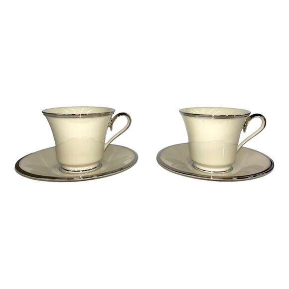 Set of Two Lenox Solitaire Teacup and Saucer in Ivory with Platinum Silver Rim - Picture 2 of 11